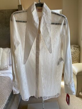 Valentino White Sheer Lace-Front Dress Shirt with Pointed Collar